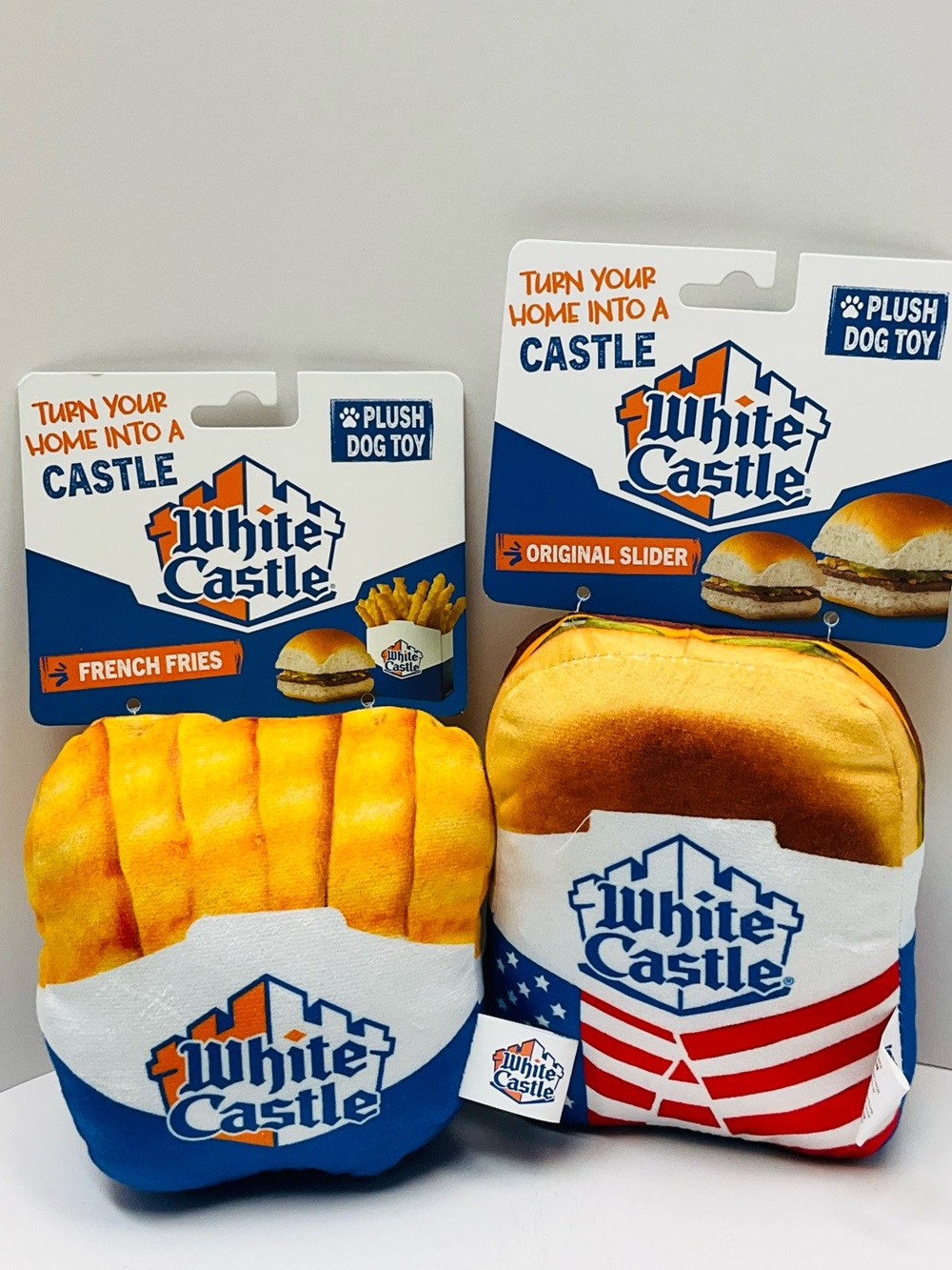 NWT White Castle 2pc Large Plush Dog Toy Set - Original Slider & French Fries